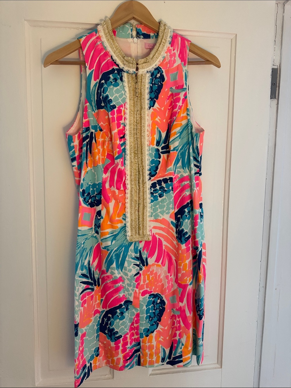 Lilly Pulitzer Pink, Teal & Navy Tropical Shift Dress with Gold Trim